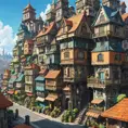 Buildings and homes of a maximalism fantasy city, Highly Detailed, Beautiful, Digital Painting, Anime, Fantasy by Studio Ghibli