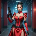 A dangerously armed asian feme fatale in silk red dress at a masquerade ball, Cybernatic and Sci-Fi, Cyberpunk, Sci-Fi