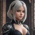 Alluring matte portrait of a beautiful A2 from Nier Automata wearing black leather, 8k, Highly Detailed, Intricate, Half Body, Realistic, Sharp Focus, Volumetric Lighting, Fantasy, Elegant by Stanley Artgerm Lau, WLOP