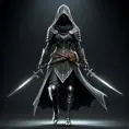 Full body portrait of a Veiled female Assassin with daggers, Highly Detailed, Dark Souls, Volumetric Lighting, Fantasy, Threatening