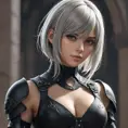 Alluring matte portrait of a beautiful A2 from Nier Automata wearing black leather, 8k, Highly Detailed, Intricate, Half Body, Realistic, Sharp Focus, Volumetric Lighting, Fantasy, Elegant by Stanley Artgerm Lau, WLOP