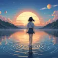 Anime girl walking on water, ripples, backdrop of dawn, saturn in the background, Highly Detailed, Beautiful, Digital Painting, Anime, Fantasy by Studio Ghibli