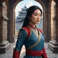 Matte portrait of Mulan inside a castle, Ultra Detailed, Half Body, Beautiful, Matte Painting, Sharp Focus, Portrait, Fantasy by Stefan Kostic