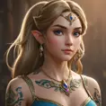 Matte portrait of Princess Zelda with tattoos, 8k, Highly Detailed, Powerful, Alluring, Artstation, Magical, Digital Painting, Photo Realistic, Sharp Focus, Volumetric Lighting, Concept Art by Stanley Artgerm Lau, Greg Rutkowski