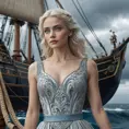 A cinematic still featuring a woman with striking blue eyes and platinum blonde hair, dressed in an elegant gown, standing confidently at the prow of a majestic sailing ship under stormy skies, Highly Detailed, Intricate, Half Body, Realistic