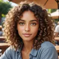 A realistic portrait of a woman with warm brown skin, curly hair, and hazel eyes, inspired by natural lighting in an outdoor café scene., Highly Detailed, Intricate, Half Body, Realistic