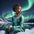 A detailed digital art of a woman with African features and beautiful braided hairstyle, sitting under the Northern Lights, surrounded by snowy landscapes, Highly Detailed, Intricate, Half Body, Realistic