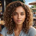 A realistic portrait of a woman with warm brown skin, curly hair, and hazel eyes, inspired by natural lighting in an outdoor café scene., Highly Detailed, Intricate, Half Body, Realistic