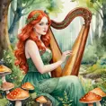 A whimsical watercolor painting of a curvy woman with fiery red hair and green eyes, playing the harp while sitting on a mushroom in a magical woodland clearing, Highly Detailed, Intricate, Half Body, Realistic