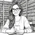 A minimalist line art drawing of a woman with glasses and a kind smile, holding a cup of coffee while sitting quietly in an antique bookstore, Highly Detailed, Intricate, Half Body, Realistic