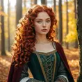 The sun, the autumn forest, fantastic beauty. Curls. Ultra-detailed medieval clothing, Freckles, Red Hair, Bright