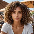 A realistic portrait of a woman with warm brown skin, curly hair, and hazel eyes, inspired by natural lighting in an outdoor café scene., Highly Detailed, Intricate, Half Body, Realistic