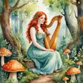 A whimsical watercolor painting of a curvy woman with fiery red hair and green eyes, playing the harp while sitting on a mushroom in a magical woodland clearing, Highly Detailed, Intricate, Half Body, Realistic