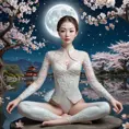 A surreal scene featuring a woman with almond-shaped eyes and porcelain skin, floating gracefully in a lotus position above blooming cherry blossom trees under a full moon, Highly Detailed, Intricate, Half Body, Realistic