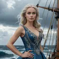 A cinematic still featuring a woman with striking blue eyes and platinum blonde hair, dressed in an elegant gown, standing confidently at the prow of a majestic sailing ship under stormy skies, Highly Detailed, Intricate, Half Body, Realistic