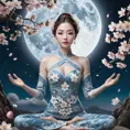 A surreal scene featuring a woman with almond-shaped eyes and porcelain skin, floating gracefully in a lotus position above blooming cherry blossom trees under a full moon, Highly Detailed, Intricate, Half Body, Realistic