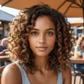 A realistic portrait of a woman with warm brown skin, curly hair, and hazel eyes, inspired by natural lighting in an outdoor café scene., Highly Detailed, Intricate, Half Body, Realistic