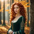 The sun, the autumn forest, fantastic beauty. Curls. Ultra-detailed medieval clothing, Freckles, Red Hair, Bright