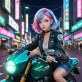 An anime-style illustration of a woman with pink hair and heterochromatic eyes (one blue, one green), riding her motorcycle through neon-lit city streets at night, Highly Detailed, Intricate, Half Body, Realistic