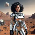 A retro-futuristic illustration of a woman with curly black hair and dark features, wearing a stylish silver spacesuit, exploring Mars' surface, Highly Detailed, Intricate, Half Body, Realistic