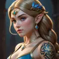 Matte portrait of Princess Zelda with tattoos, 8k, Highly Detailed, Powerful, Alluring, Artstation, Magical, Digital Painting, Photo Realistic, Sharp Focus, Volumetric Lighting, Concept Art by Stanley Artgerm Lau, Greg Rutkowski