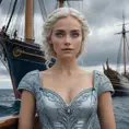 A cinematic still featuring a woman with striking blue eyes and platinum blonde hair, dressed in an elegant gown, standing confidently at the prow of a majestic sailing ship under stormy skies, Highly Detailed, Intricate, Half Body, Realistic