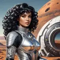 A retro-futuristic illustration of a woman with curly black hair and dark features, wearing a stylish silver spacesuit, exploring Mars' surface, Highly Detailed, Intricate, Half Body, Realistic