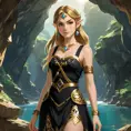 Portrait of Zelda in a black and gold dress, stunning beautiful artwork, Breath of the Wild, in a cave, Anime, Maximalism by Stanley Artgerm Lau