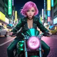 An anime-style illustration of a woman with pink hair and heterochromatic eyes (one blue, one green), riding her motorcycle through neon-lit city streets at night, Highly Detailed, Intricate, Half Body, Realistic