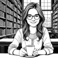 A minimalist line art drawing of a woman with glasses and a kind smile, holding a cup of coffee while sitting quietly in an antique bookstore, Highly Detailed, Intricate, Half Body, Realistic