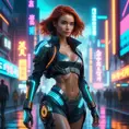 full body shot, beautiful woman walking with beatiful and detailed eyes, dynamic pose, slightly athletic beatiful body, detailed attire, Hyper Detailed, Intricate Artwork, Masterpiece, Cybernatic and Sci-Fi, Cyberpunk, Freckles, Full Lips, Red Hair, Smiling, Digital Illustration, Cityscape, Blade Runner 2049, Neon light effect, Realistic, Sharp Focus, Wide Angle, Neon, Dripping Colors, Matte, Futurism, Artwork, Dieselpunk, Colorful, Dynamic, Elegant, Expressive, Graceful, Hot, Gloomy, Sad, Stormy, Terrifying, Tired