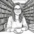 A minimalist line art drawing of a woman with glasses and a kind smile, holding a cup of coffee while sitting quietly in an antique bookstore, Highly Detailed, Intricate, Half Body, Realistic