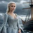 A cinematic still featuring a woman with striking blue eyes and platinum blonde hair, dressed in an elegant gown, standing confidently at the prow of a majestic sailing ship under stormy skies, Highly Detailed, Intricate, Half Body, Realistic