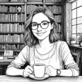 A minimalist line art drawing of a woman with glasses and a kind smile, holding a cup of coffee while sitting quietly in an antique bookstore, Highly Detailed, Intricate, Half Body, Realistic