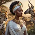 An elegant queen from ancient Africa, surrounded by wildlife in her kingdom, Highly Detailed, Half Body, Gorgeous, Stunning, Elegant by Stanley Artgerm Lau