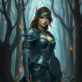 A majestic warrior woman in ornate armor, standing in a mystical forest, her piercing eyes reflecting confidence and strength, surrounded by ethereal glowing lights and ancient trees., Highly Detailed, Half Body, Gorgeous, Stunning, Elegant by Stanley Artgerm Lau