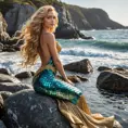 A stunning woman with mermaid scales and flowing golden locks, posing on a rocky beach, Highly Detailed, Half Body, Gorgeous, Stunning, Elegant