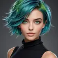 A uniquely beautiful woman with short, choppy blue hair, vibrant green eyes, and a bold, unconventional style, radiating individuality and confidence, Highly Detailed, Half Body, Gorgeous, Stunning, Elegant by Stanley Artgerm Lau