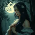 A serene moonlit beauty with porcelain skin and raven hair, lost in thought beneath a misty forest canopy., Highly Detailed, Half Body, Gorgeous, Stunning, Elegant by Stanley Artgerm Lau