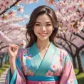 A beautiful woman with a radiant smile, surrounded by blooming cherry blossom trees, wearing a colorful kimono, capturing the essence of spring and renewal in her expression., Highly Detailed, Half Body, Gorgeous, Stunning, Elegant by Stanley Artgerm Lau