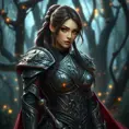 A majestic warrior woman in ornate armor, standing in a mystical forest, her piercing eyes reflecting confidence and strength, surrounded by ethereal glowing lights and ancient trees., Highly Detailed, Half Body, Gorgeous, Stunning, Elegant by Stanley Artgerm Lau