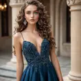 A stunning woman with piercing blue eyes and long, curly brown hair, posing in a elegant evening gown, Highly Detailed, Half Body, Gorgeous, Stunning, Elegant