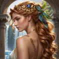 A radiant goddess from ancient Greece, adorned with golden laurels and sapphires, her tawny tresses cascading down her back like a waterfall., Highly Detailed, Half Body, Gorgeous, Stunning, Elegant by Stanley Artgerm Lau