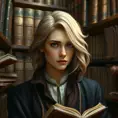 A kind and gentle librarian with a quiet introspection and soft, flaxen hair, surrounded by the musty scent and worn pages of ancient tomes, Highly Detailed, Half Body, Gorgeous, Stunning, Elegant by Stanley Artgerm Lau