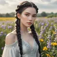 an ethereal beauty with porcelain skin and long, dark braids, standing amidst a field of wildflowers, Highly Detailed, Half Body, Gorgeous, Stunning, Elegant by Stanley Artgerm Lau