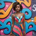 A radiant woman with dark skin and bright, colorful makeup, wearing a vibrant patterned dress, standing in front of a graffiti-covered wall, vivid colors, artistic and contemporary vibe, Highly Detailed, Half Body, Gorgeous, Stunning, Elegant by Stanley Artgerm Lau