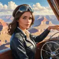 A confident woman piloting a vintage airplane over the Grand Canyon, Highly Detailed, Half Body, Gorgeous, Stunning, Elegant by Stanley Artgerm Lau