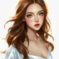 A woman with cascading chestnut brown hair, her eyes sparkling like sapphires, wearing a flowing white dress that catches the light, Highly Detailed, Half Body, Gorgeous, Stunning, Elegant by Stanley Artgerm Lau