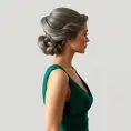 A lady in her late 30s with soft gray hair pulled back into a classic chignon, wearing an elegant emerald green dress that softly hugs her figure, Highly Detailed, Half Body, Gorgeous, Stunning, Elegant by Stanley Artgerm Lau