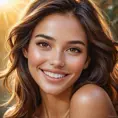 A captivatingly beautiful woman with warm brown eyes, sun-kissed skin, and a mischievous grin, radiating joy and vitality, Highly Detailed, Half Body, Gorgeous, Stunning, Elegant by Stanley Artgerm Lau